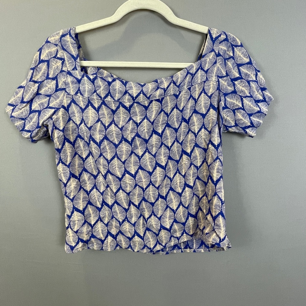Short Sleeve Blue Blouse with Leaves, Size S